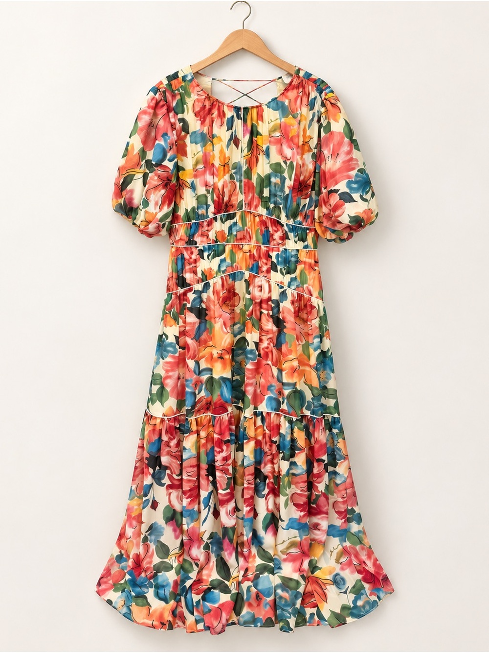 Multicolor Floral Maxi Dress with Puff Sleeves